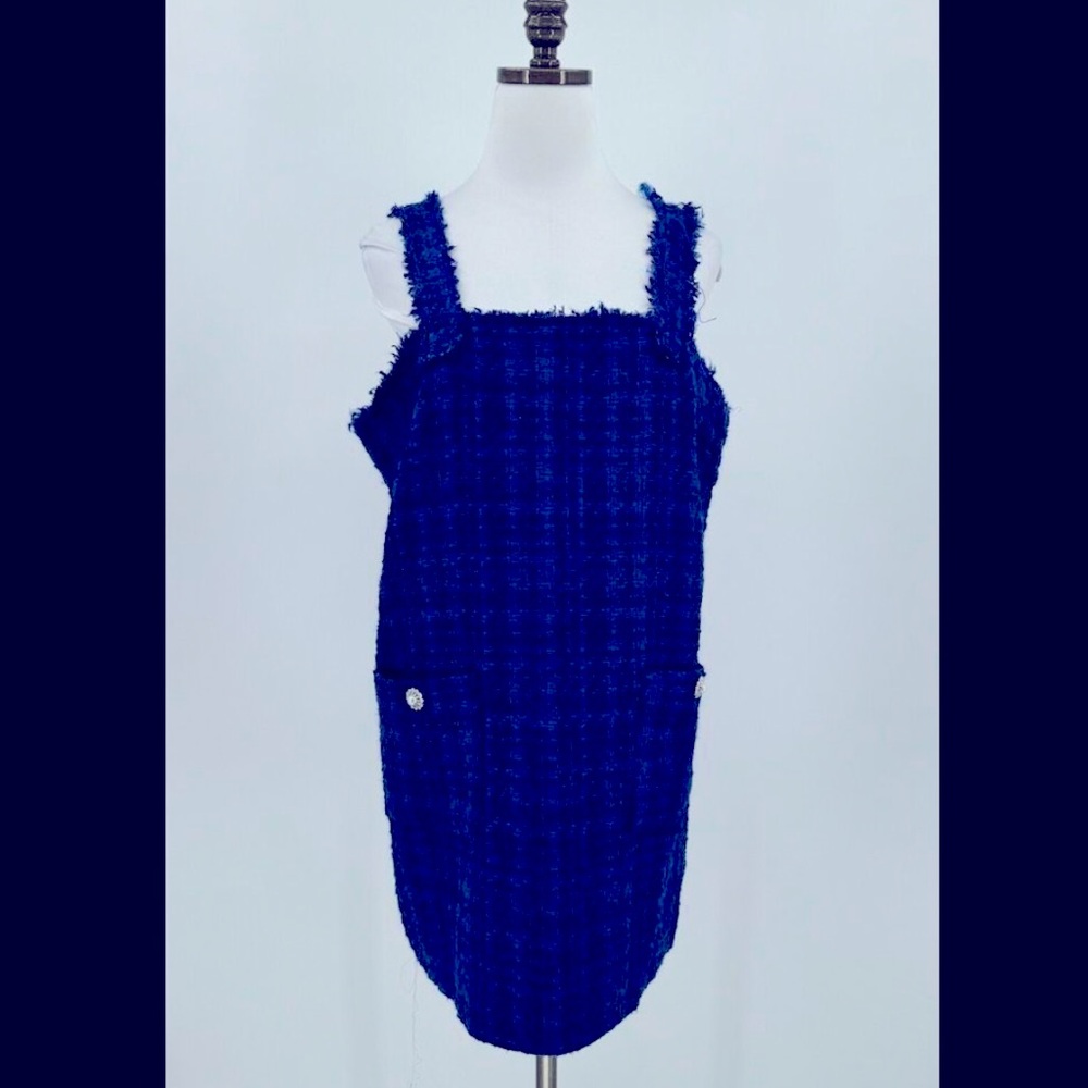 Zara Womens Blue Boucle Square Neck Strappy Sleeve Straight Tank Dress Sz XL